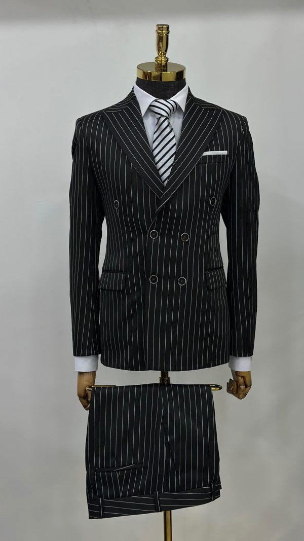 Black Double Breasted Men Pinstripe Suit-4