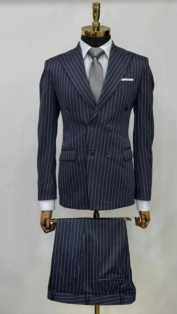 blue Double Breasted Men Pinstripe Suit-1