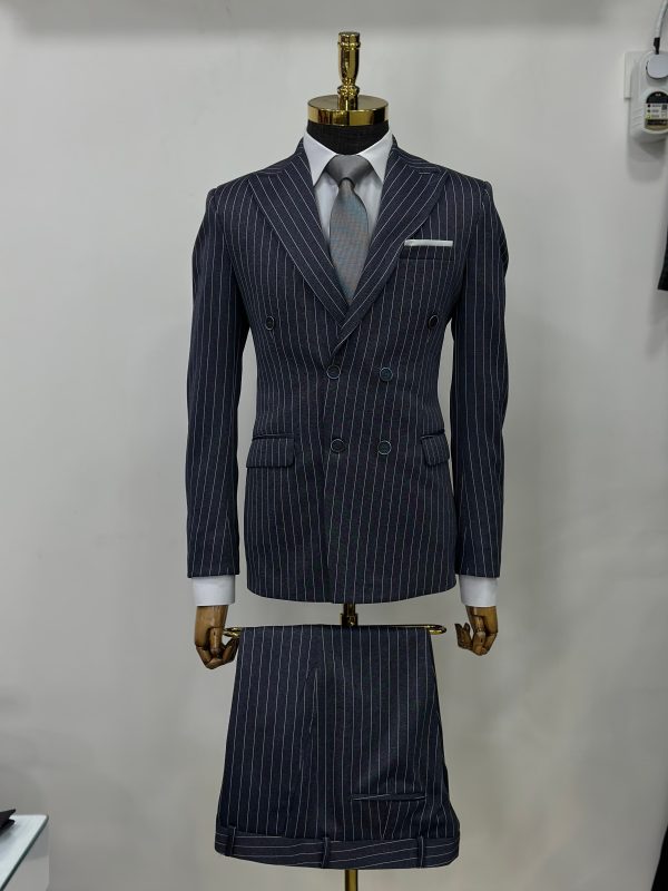 blue Double Breasted Men Pinstripe Suit-2