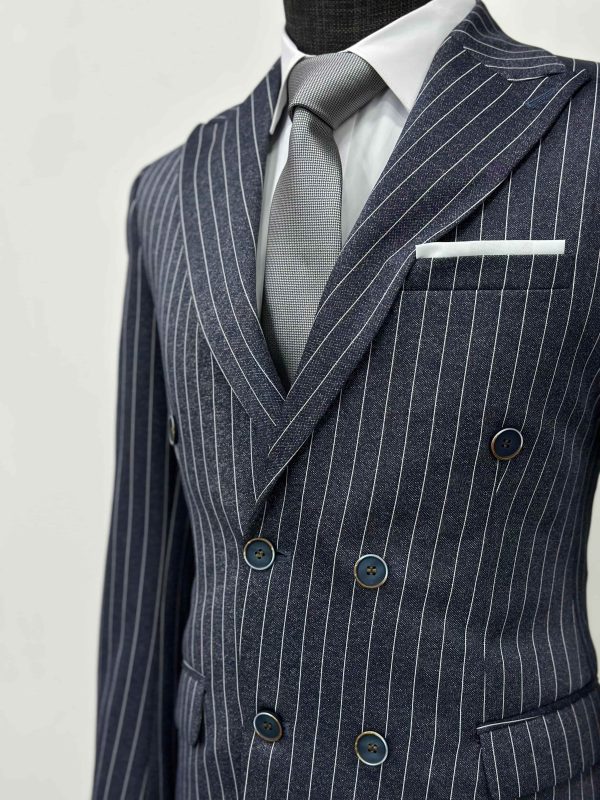 blue Double Breasted Men Pinstripe Suit-3